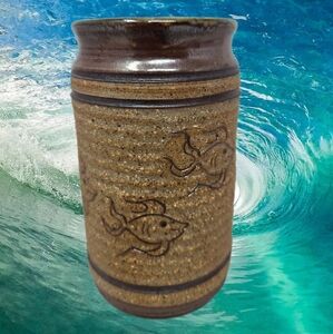 Barnes Studio Pottery Vase or Glass Swimming Fish Rustic Exterior Handmade Signd